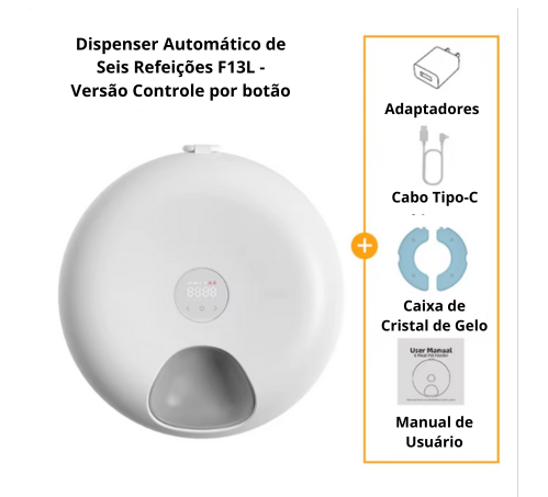 Comedouro Automático 6 Refeições Programáveis via Controle por Botão ou via app Wi-fi