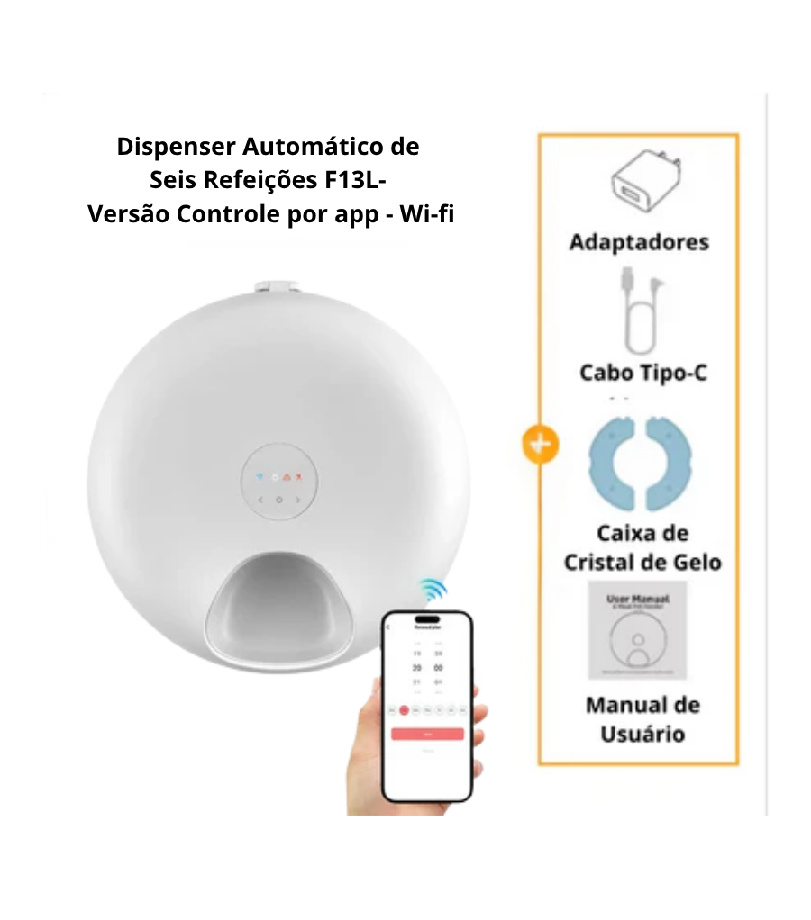 Comedouro Automático 6 Refeições Programáveis via Controle por Botão ou via app Wi-fi